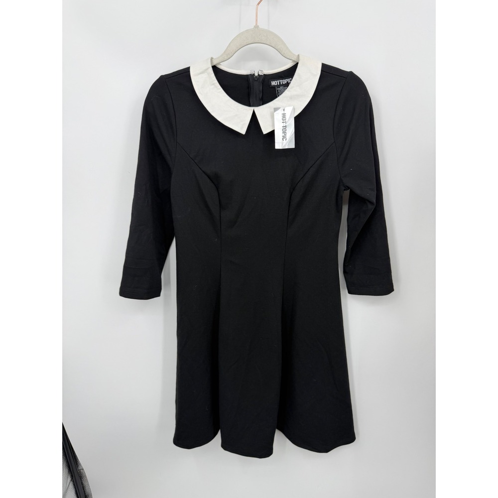 Hot Topic Peter Pan Collar Skater Dress Womens Medium Black White Mid Sleeve